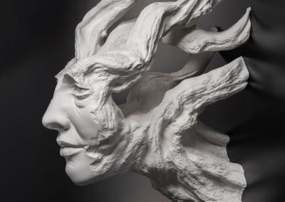 La Força del Temps - escultura de una cabeza femenina en forma de arbol en macryl blanco
